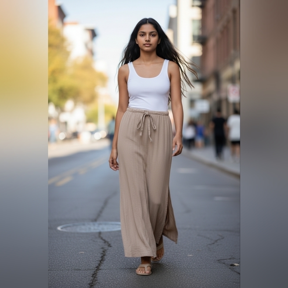 Soul Cake Women's Lightweight Classic Maxi Skirt Tan W Slit Size S EUC